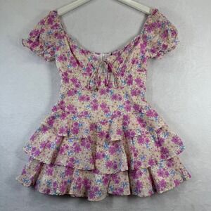 Thats So Fetch Meadow Dress Pink Floral Butterfly Tiered Ruffle Mini US 4